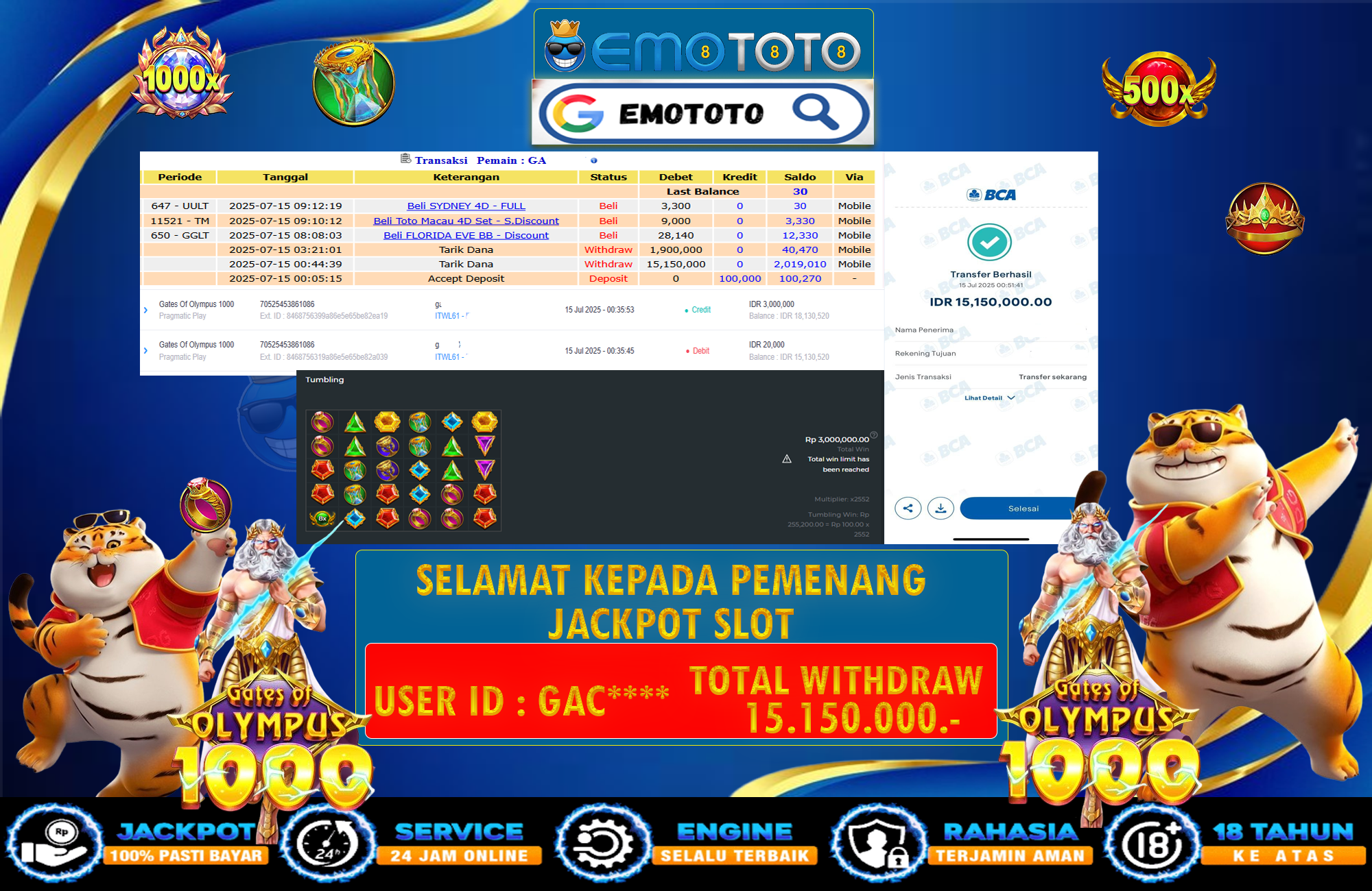 EMOTOTO : BUKTI JACKPOT MEMBER PERMAINAN SLOT PRAGMATIC PLAY (GATE OF OLYMPUS 1000) RP 15.150.000 DI BAYAR LUNAS LANGSUNG KE REKENING MEMBER